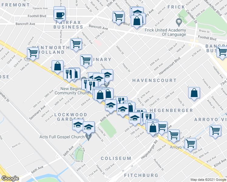 map of restaurants, bars, coffee shops, grocery stores, and more near 1617 65th Avenue in Oakland