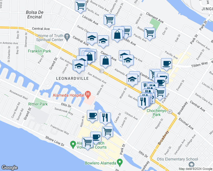 map of restaurants, bars, coffee shops, grocery stores, and more near 2108 San Antonio Avenue in Alameda