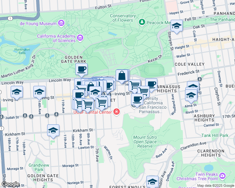map of restaurants, bars, coffee shops, grocery stores, and more near Irving St & 4th Ave in San Francisco