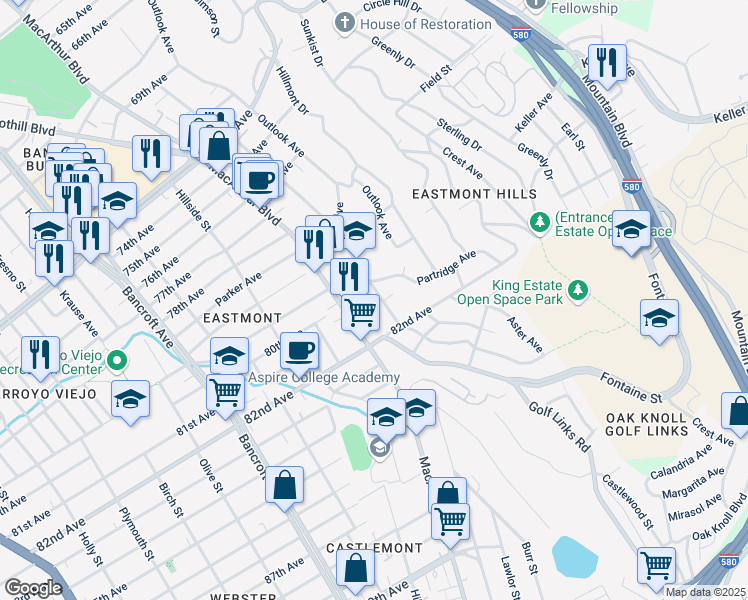 map of restaurants, bars, coffee shops, grocery stores, and more near 8025 Ney Avenue in Oakland