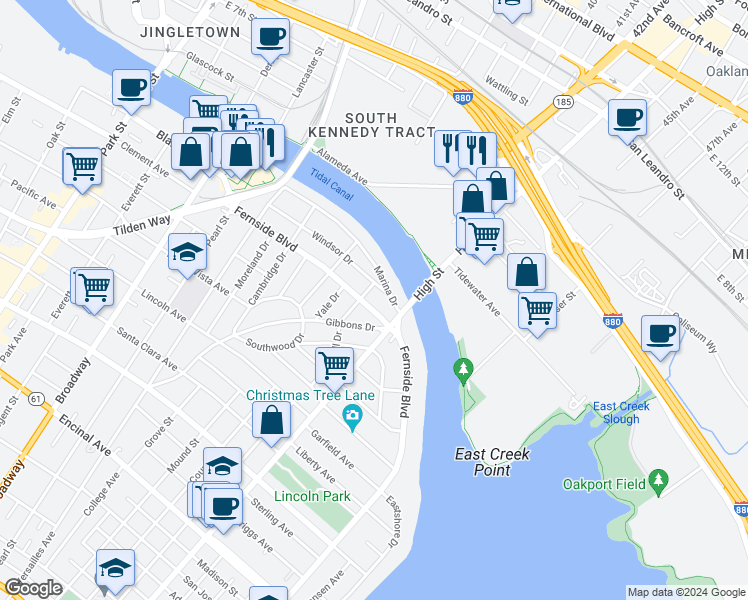 map of restaurants, bars, coffee shops, grocery stores, and more near 3107 Fernside Boulevard in Alameda