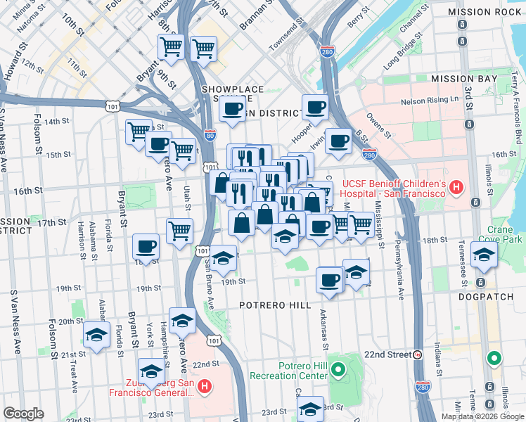 map of restaurants, bars, coffee shops, grocery stores, and more near 444 De Haro Street in San Francisco