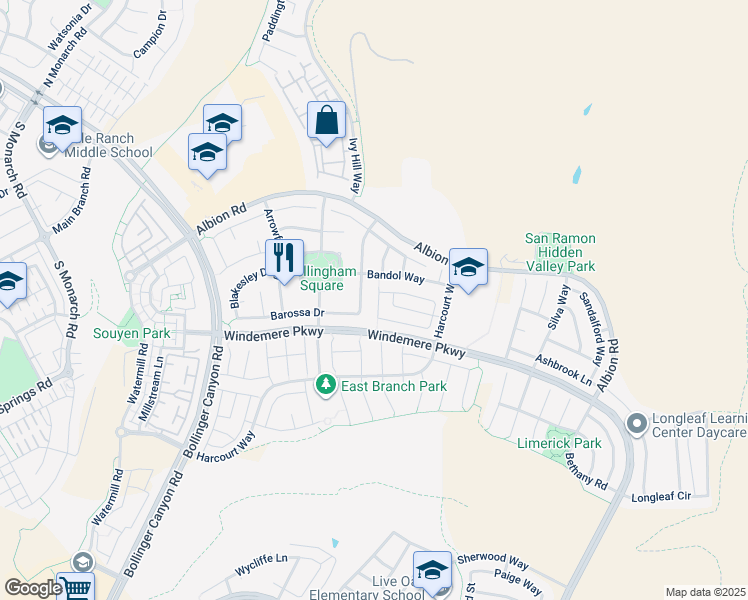 map of restaurants, bars, coffee shops, grocery stores, and more near 2333 Elan Lane in San Ramon