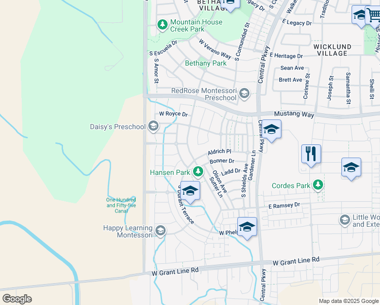 map of restaurants, bars, coffee shops, grocery stores, and more near 1120 South Jacobs Drive in Tracy
