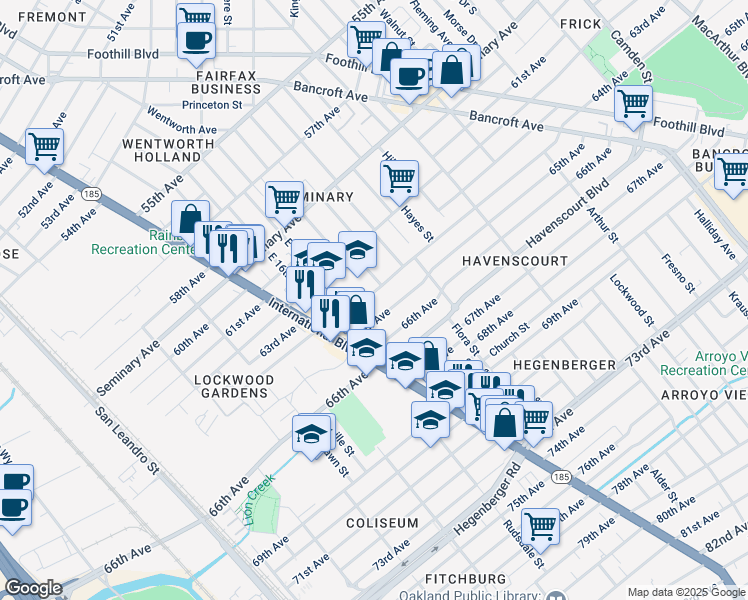 map of restaurants, bars, coffee shops, grocery stores, and more near 1617 65th Avenue in Oakland