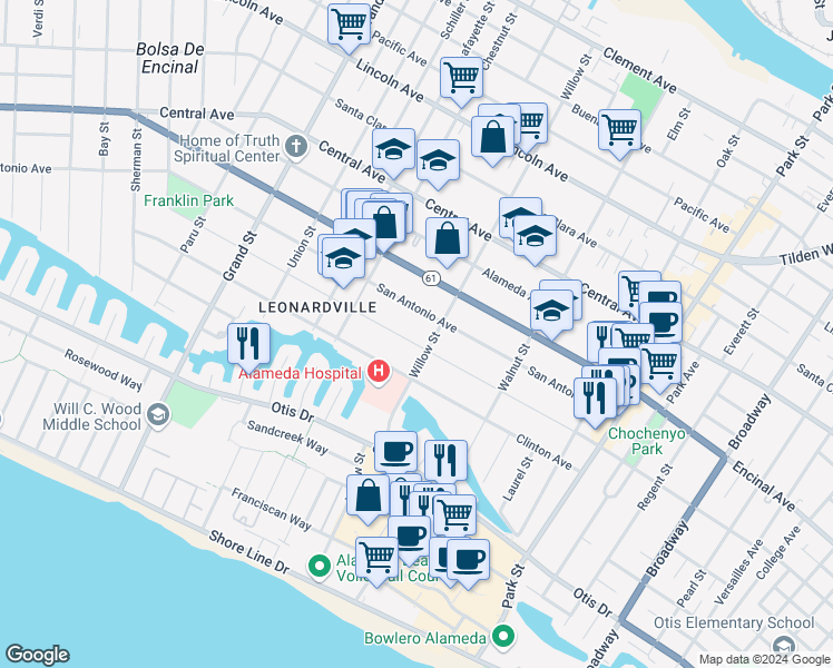 map of restaurants, bars, coffee shops, grocery stores, and more near 2056 San Jose Avenue in Alameda