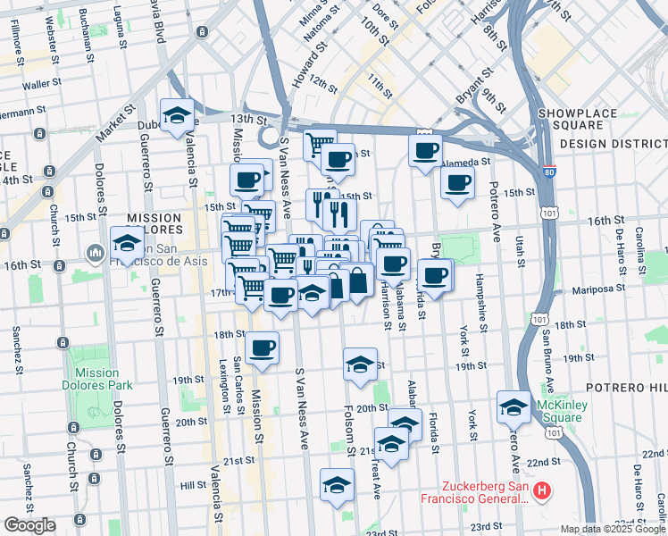 map of restaurants, bars, coffee shops, grocery stores, and more near 2000 Folsom Street in San Francisco