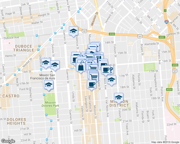 map of restaurants, bars, coffee shops, grocery stores, and more near 2061 Mission Street in San Francisco