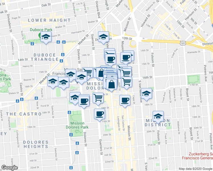 map of restaurants, bars, coffee shops, grocery stores, and more near 151 Albion Street in San Francisco