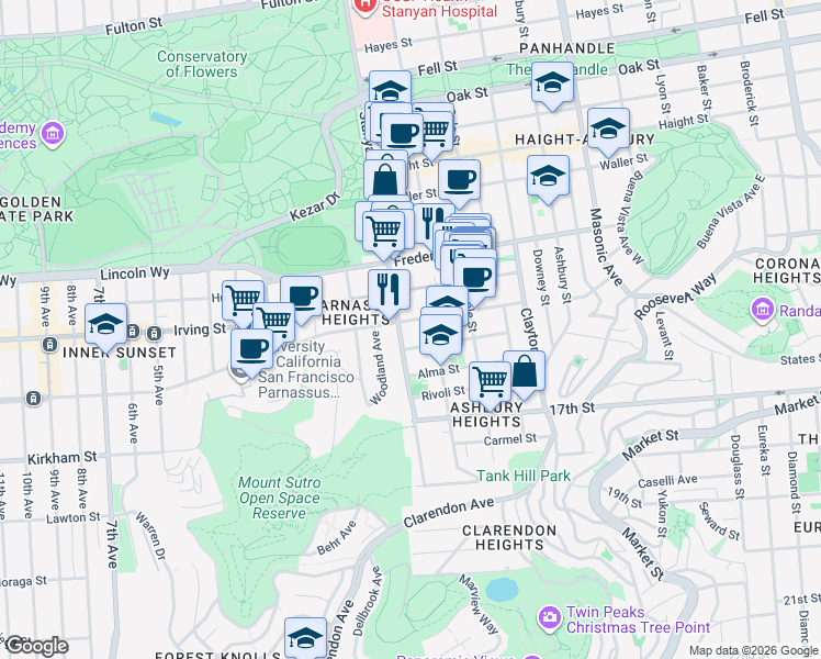 map of restaurants, bars, coffee shops, grocery stores, and more near in San Francisco