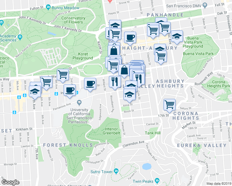 map of restaurants, bars, coffee shops, grocery stores, and more near in San Francisco