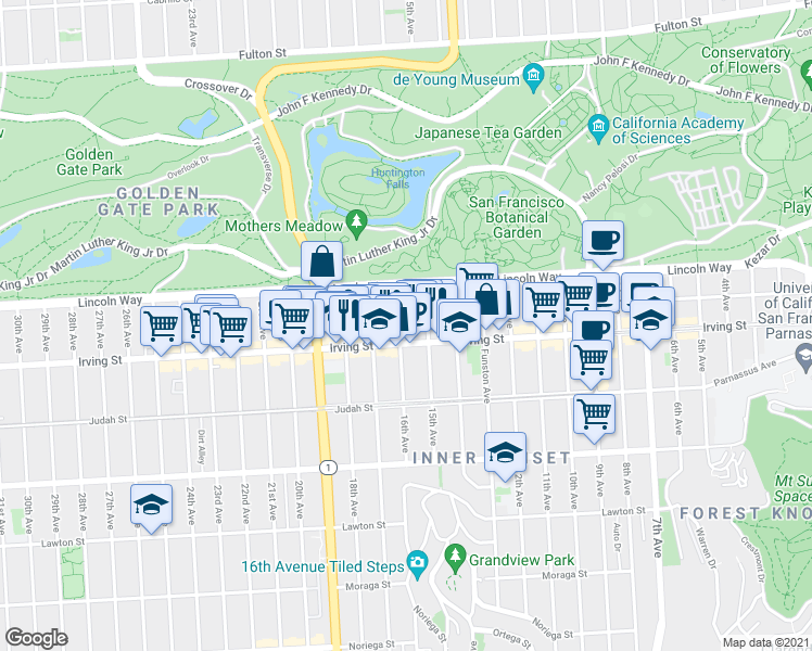 map of restaurants, bars, coffee shops, grocery stores, and more near 1434 Irving Street in San Francisco