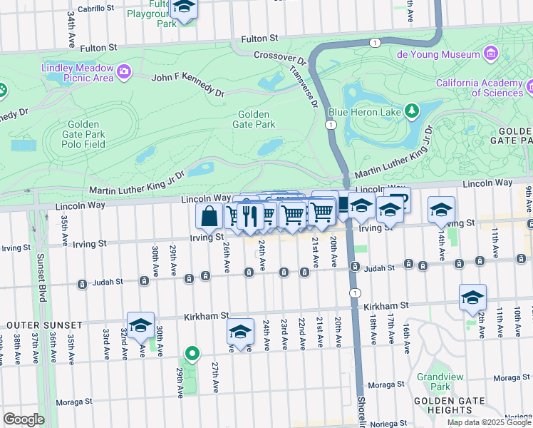 map of restaurants, bars, coffee shops, grocery stores, and more near 1265 24th Avenue in San Francisco