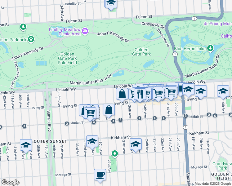 map of restaurants, bars, coffee shops, grocery stores, and more near 1249 28th Avenue in San Francisco