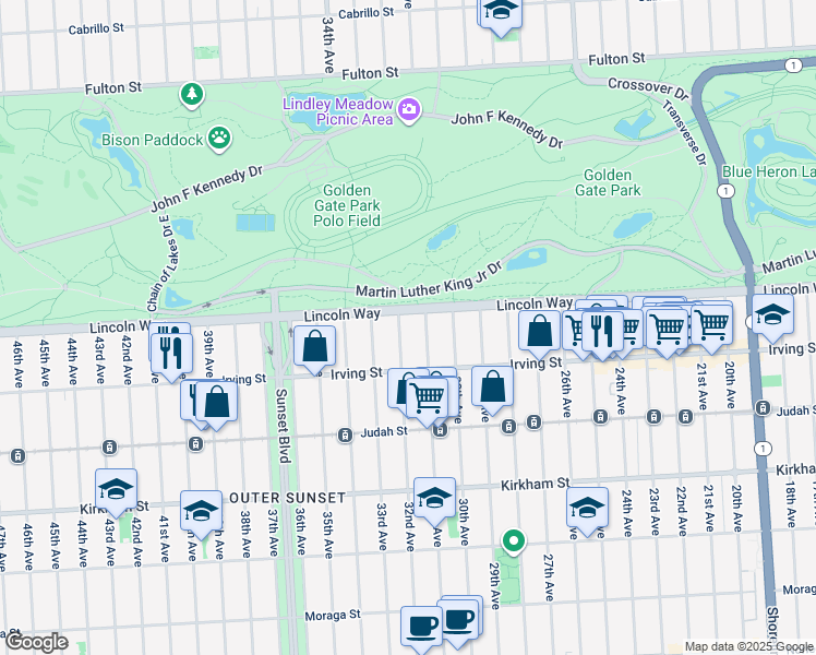 map of restaurants, bars, coffee shops, grocery stores, and more near 1239 32nd Avenue in San Francisco