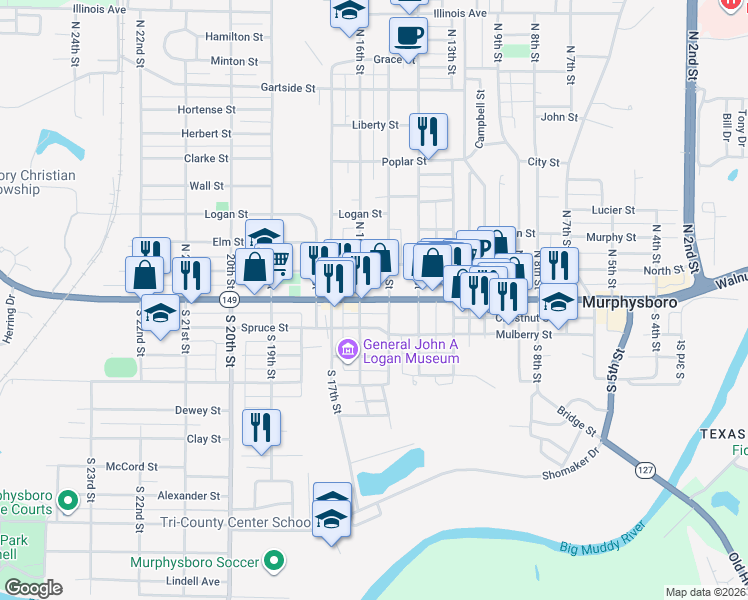 map of restaurants, bars, coffee shops, grocery stores, and more near 1517 Walnut Street in Murphysboro