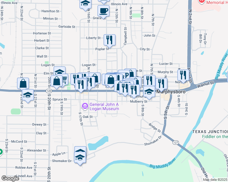 map of restaurants, bars, coffee shops, grocery stores, and more near 1329 Walnut Street in Murphysboro