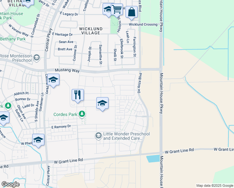 map of restaurants, bars, coffee shops, grocery stores, and more near 1056 South Prosperity Street in Mountain House