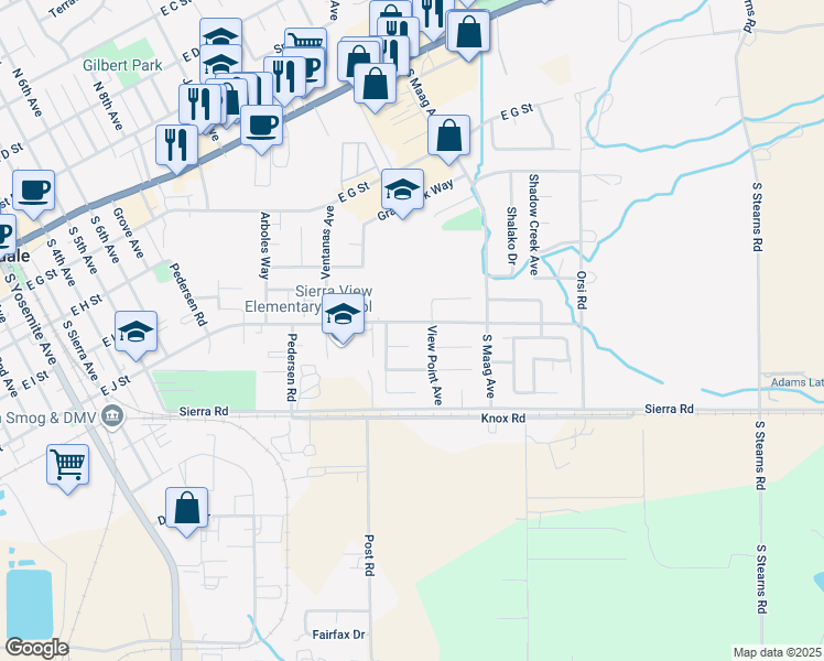 map of restaurants, bars, coffee shops, grocery stores, and more near 1373 East J Street in Oakdale