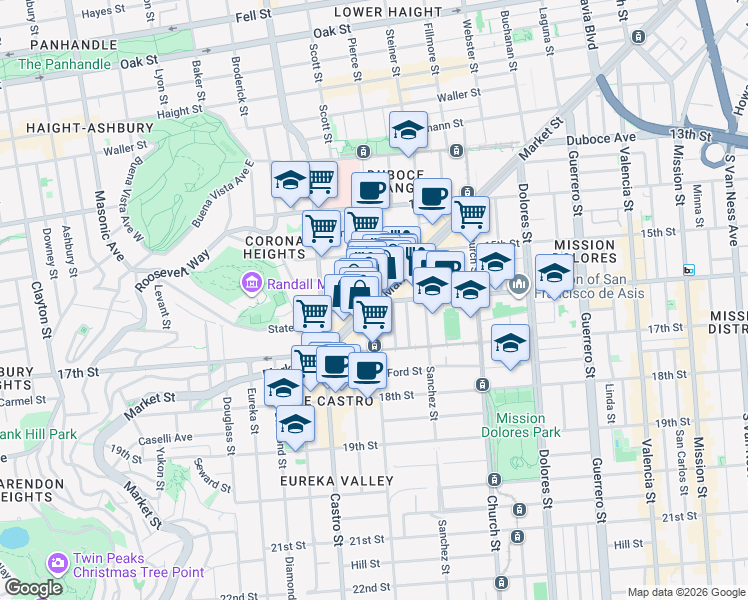 map of restaurants, bars, coffee shops, grocery stores, and more near Market St & Noe St in San Francisco