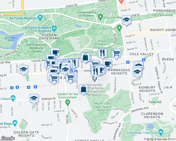 map of restaurants, bars, coffee shops, grocery stores, and more near Irving St & 3rd Ave in San Francisco