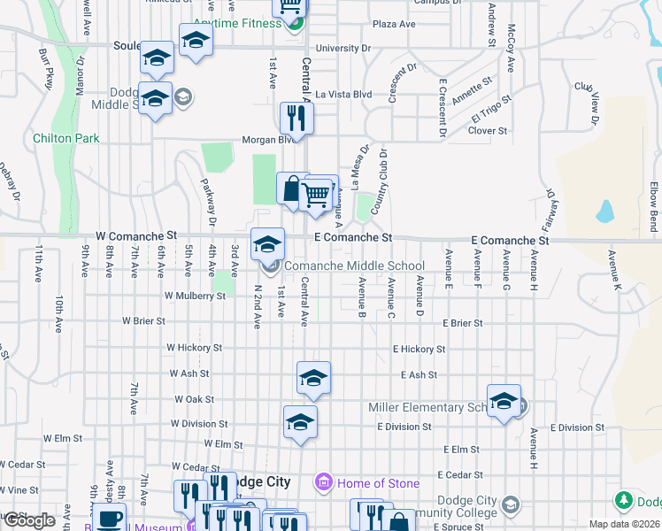 map of restaurants, bars, coffee shops, grocery stores, and more near 1611 Avenue A in Dodge City