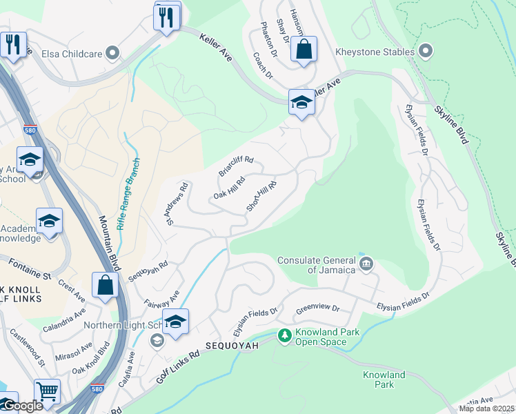 map of restaurants, bars, coffee shops, grocery stores, and more near 4346 Short Hill Road in Oakland