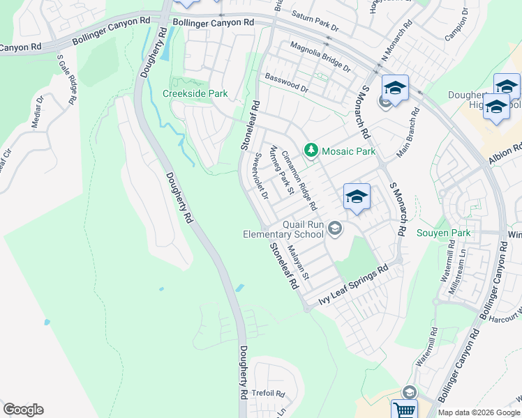 map of restaurants, bars, coffee shops, grocery stores, and more near 7644 Stoneleaf Road in San Ramon