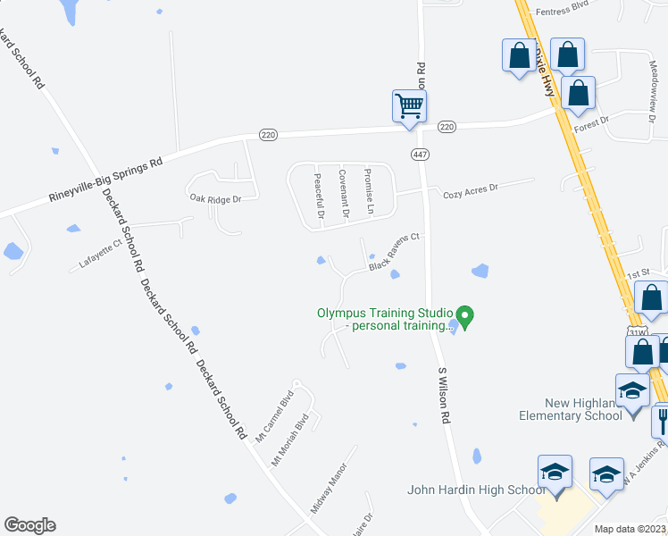 map of restaurants, bars, coffee shops, grocery stores, and more near Pintail Court in Elizabethtown