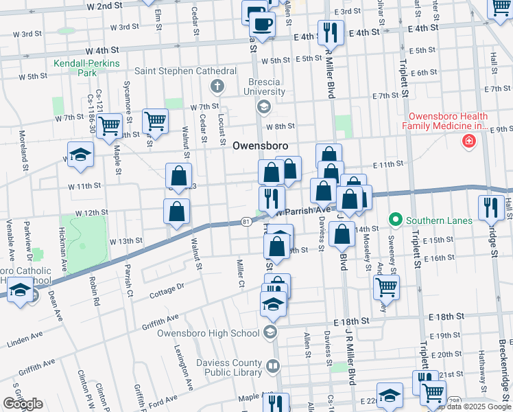 map of restaurants, bars, coffee shops, grocery stores, and more near 1220 Frederica Street in Owensboro