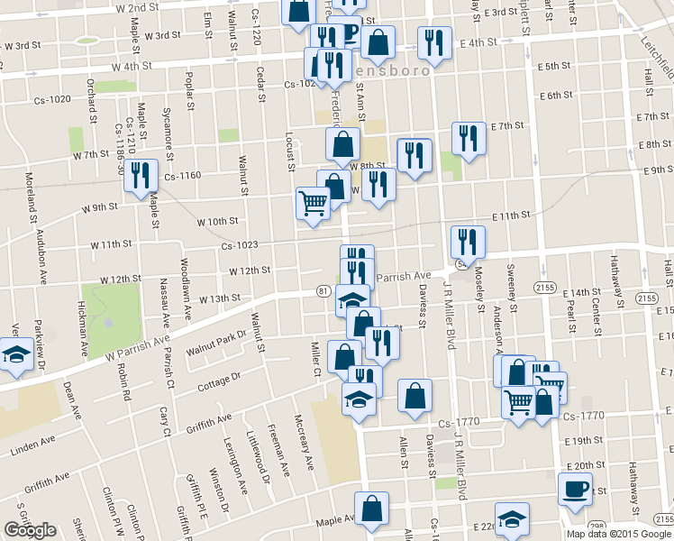 map of restaurants, bars, coffee shops, grocery stores, and more near 1220 Frederica Street in Owensboro