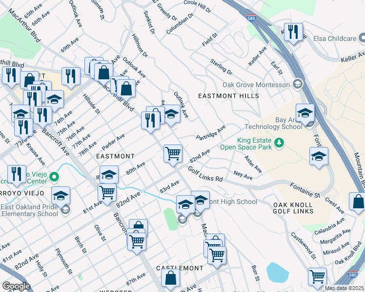 map of restaurants, bars, coffee shops, grocery stores, and more near 8039 Ney Avenue in Oakland