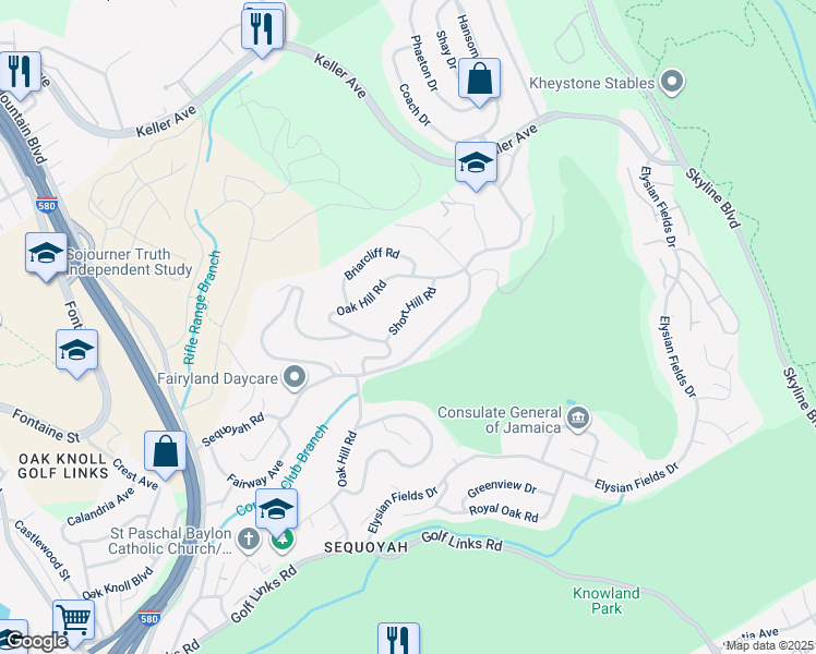 map of restaurants, bars, coffee shops, grocery stores, and more near 4346 Short Hill Road in Oakland