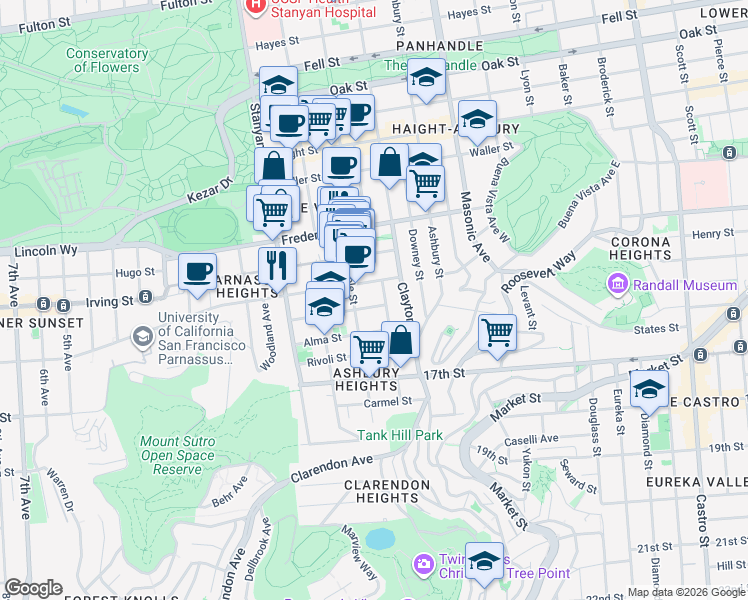 map of restaurants, bars, coffee shops, grocery stores, and more near 83 Grattan Street in San Francisco