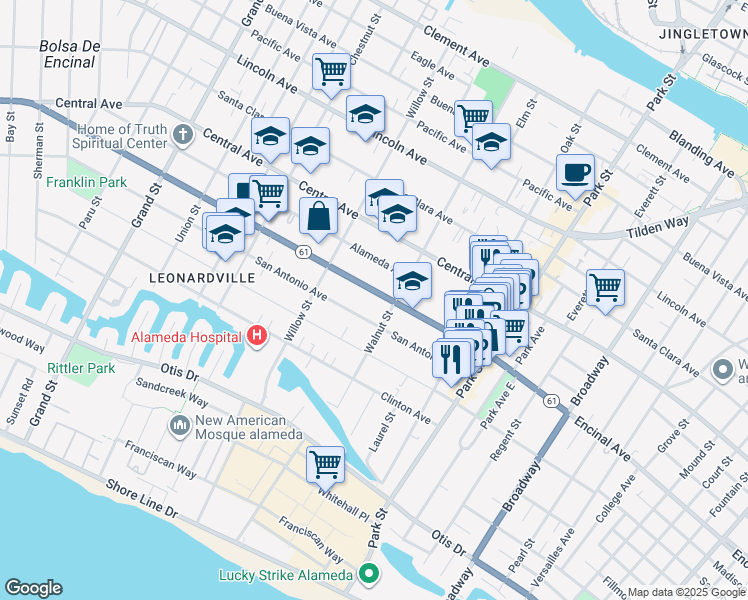 map of restaurants, bars, coffee shops, grocery stores, and more near 2154 Encinal Avenue in Alameda