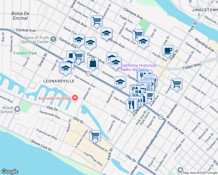 map of restaurants, bars, coffee shops, grocery stores, and more near 2154 Encinal Avenue in Alameda