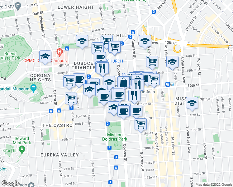 map of restaurants, bars, coffee shops, grocery stores, and more near 3321 16th Street in San Francisco