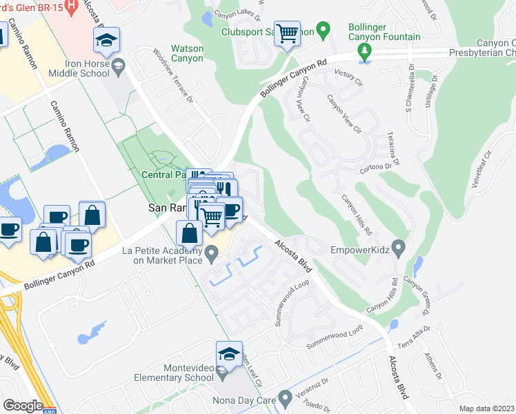 map of restaurants, bars, coffee shops, grocery stores, and more near 600 Canyon Woods Court in San Ramon