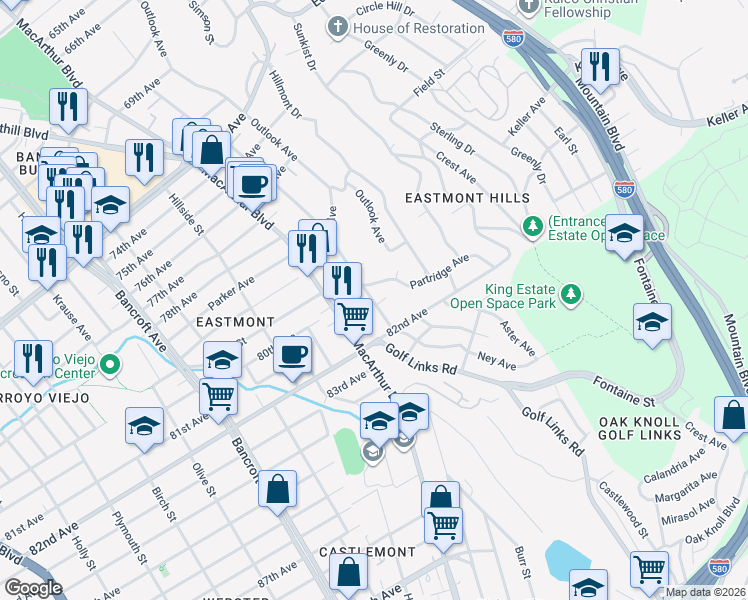 map of restaurants, bars, coffee shops, grocery stores, and more near 8039 Ney Avenue in Oakland