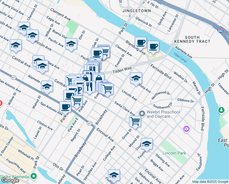 map of restaurants, bars, coffee shops, grocery stores, and more near 1516a Broadway in Alameda