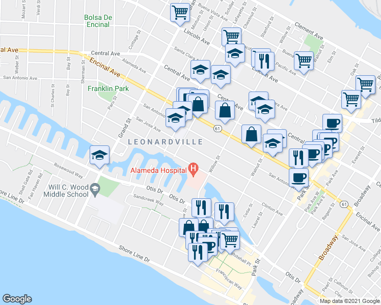 map of restaurants, bars, coffee shops, grocery stores, and more near 2025 Clinton Avenue in Alameda
