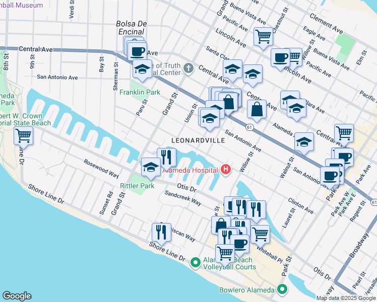 map of restaurants, bars, coffee shops, grocery stores, and more near 645 Sandalwood Isle in Alameda