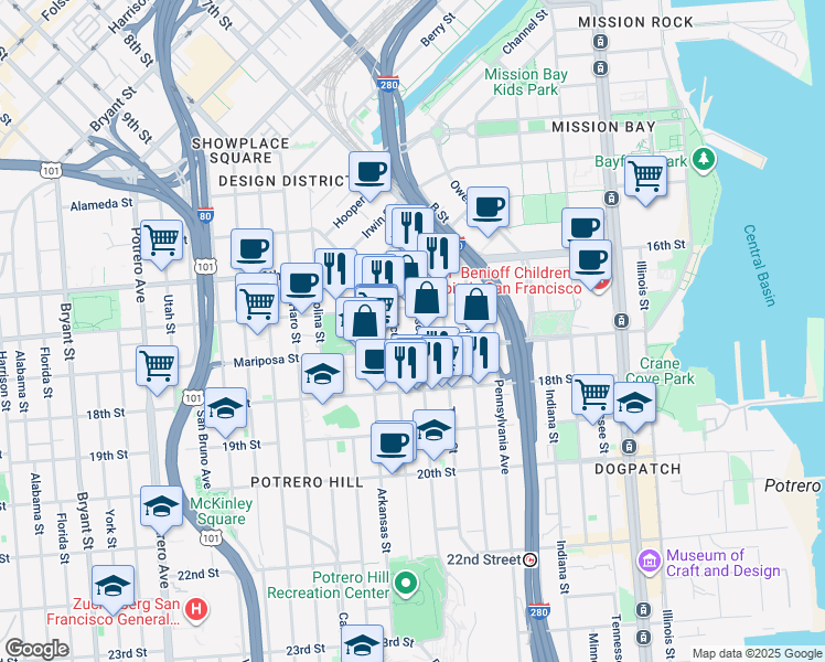 map of restaurants, bars, coffee shops, grocery stores, and more near 1316 Mariposa Street in San Francisco