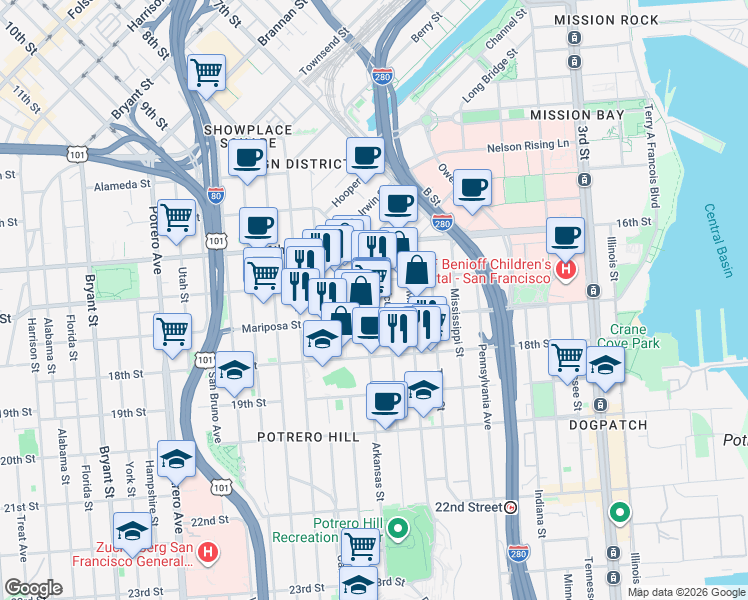 map of restaurants, bars, coffee shops, grocery stores, and more near in San Francisco