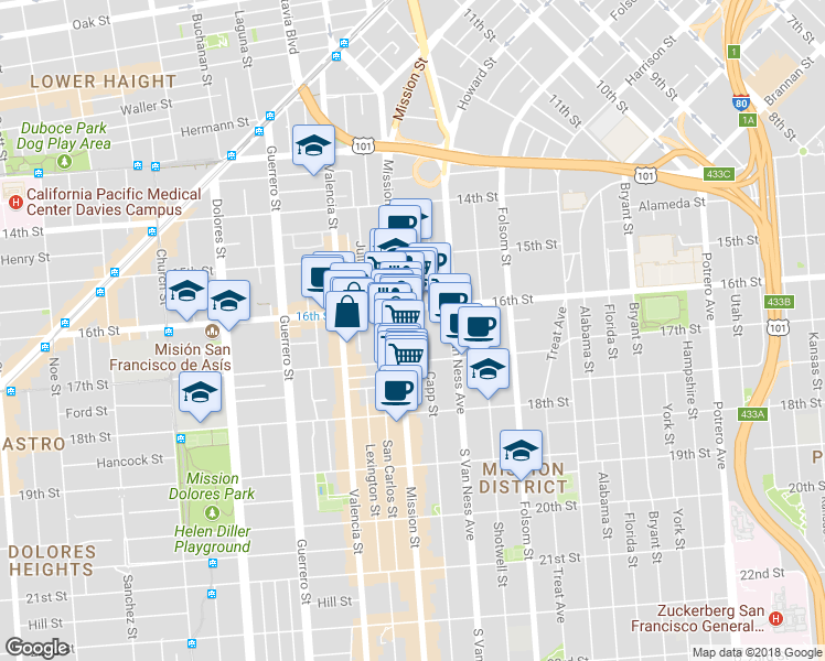 map of restaurants, bars, coffee shops, grocery stores, and more near 2061 Mission Street in San Francisco