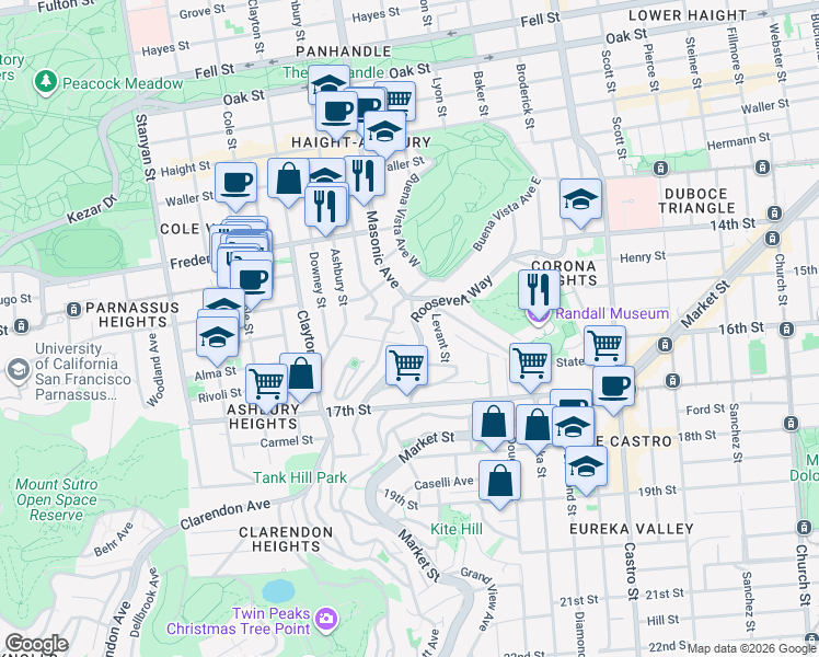 map of restaurants, bars, coffee shops, grocery stores, and more near 32 Clifford Terrace in San Francisco
