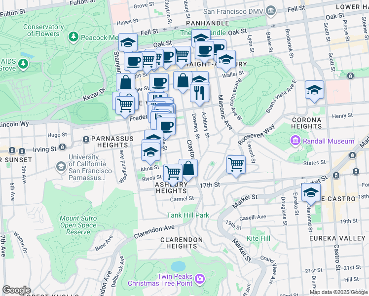 map of restaurants, bars, coffee shops, grocery stores, and more near 464 Belvedere Street in San Francisco