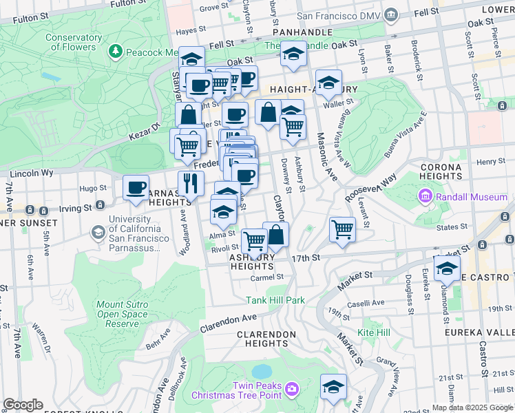 map of restaurants, bars, coffee shops, grocery stores, and more near 83 Grattan Street in San Francisco