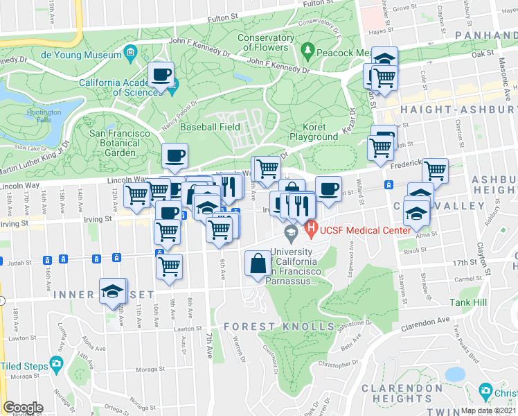 map of restaurants, bars, coffee shops, grocery stores, and more near 1319 3rd Avenue in San Francisco