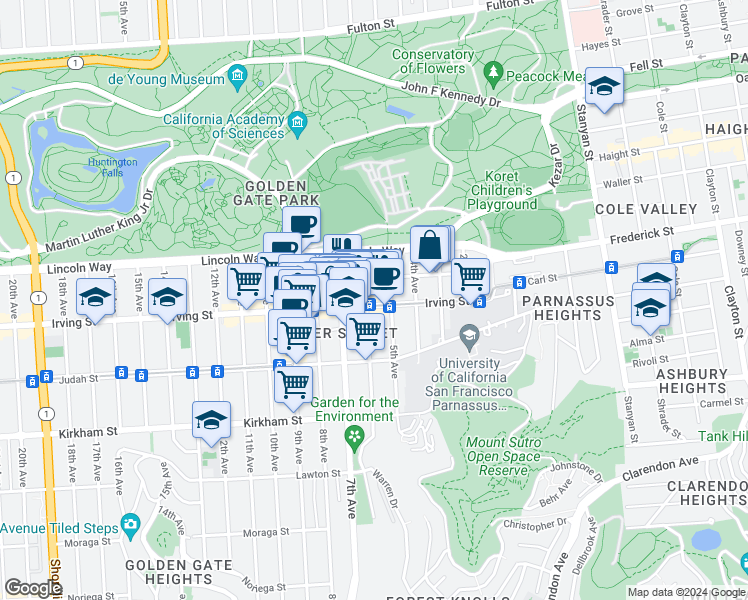 map of restaurants, bars, coffee shops, grocery stores, and more near 1302 6th Avenue in San Francisco